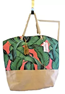 TOMMY BAHAMA XXL SHOPPER/BEACH TOTE JUNGLE PALM PRINTROPE HANDLES PINK GREEN NEW - Picture 1 of 7