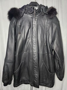Field Gear Women's Black Leather Parka Coat Fox Fur Removable Hooded Medium - Picture 1 of 10