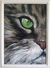 Cat Original Painting Pet Art Framed 12 By 9 Cat Green Eyes Oil Painting