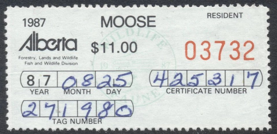 Alberta Wildlife Certificate stamp 1987 Resident Moose hunting $11 Van Dam AW738 - Image 1 of 1