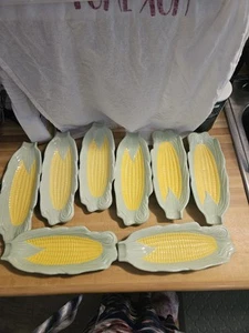 Vintage Ear of Corn on the Cob Serving Dishes Plates Holders Ceramic Set of 8 - Picture 1 of 12