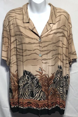 Teddi Rayón Top 1X Negro/Tostado Cebra Animal Botón Manga Corta Safari Carrera Foto 1 de 4