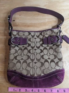 Coach Purse Handbag Shoulder Bag Signature Monogram Legacy Purple Jacquard Suede - Picture 1 of 9