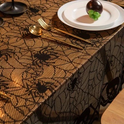 Halloween Black Spider Web Lace Tablecloth Fireplace Curtain Party Horror Prop - Image 1 of 4