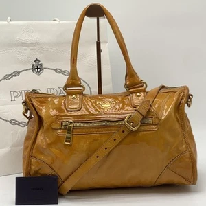 PRADA Handtasche Beuteltasche Handtasche 2-Wege Lackleder gelb orange echt - Bild 1 von 24