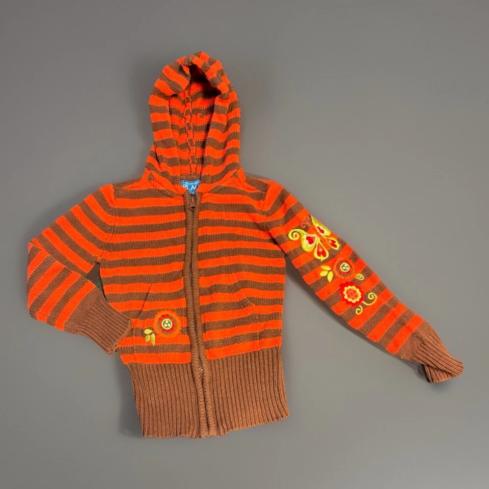 Y2K 2000s Sudadera con Capucha 5/6 Marrón Naranja Rayas Tejido Manga Floral Boho Lindo Bordado Foto 1 de 4