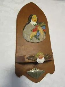Antico Santuario Devozionale Santa Teresa Legno Parete Metallo Font Religioso Anni 20 16"T - Foto 1 di 12