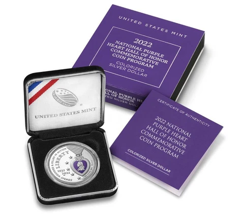 2022-W National Purple Heart Hall of Honor Colorized Silver Dollar with Box and Cover