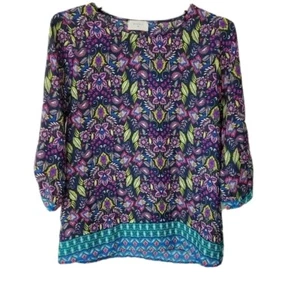 Everly Blouse Small Floral Ruched 3/4 Sleeve Pullover Top Multicolor Crew - Picture 1 of 11
