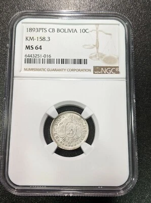 1893 PTS CB MS64 Bolivia Silver 10 Centavos KM 158.3 NGC Only 2 Graded Higher! - Image 1 of 4
