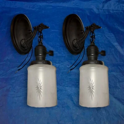 Wired Pair Antique Brass Black Gothic Revival Wall Sconces Frosted Shades 42D - Image 1 of 4