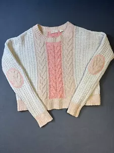 Sleeping On Snow Small Pink Ivory Marie Cabled Sweater Elbow Patches Long Sleeve - Bild 1 von 13