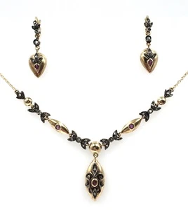 14kt Gold Silber Schmuckset Collier Ohrhänger Diamant Rubin 585 antik Schmuck - Picture 1 of 21