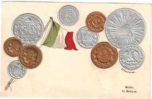 Vintage Mexico Coins Pesos Centavos Flag Embossed Postcard - Picture 1 of 2