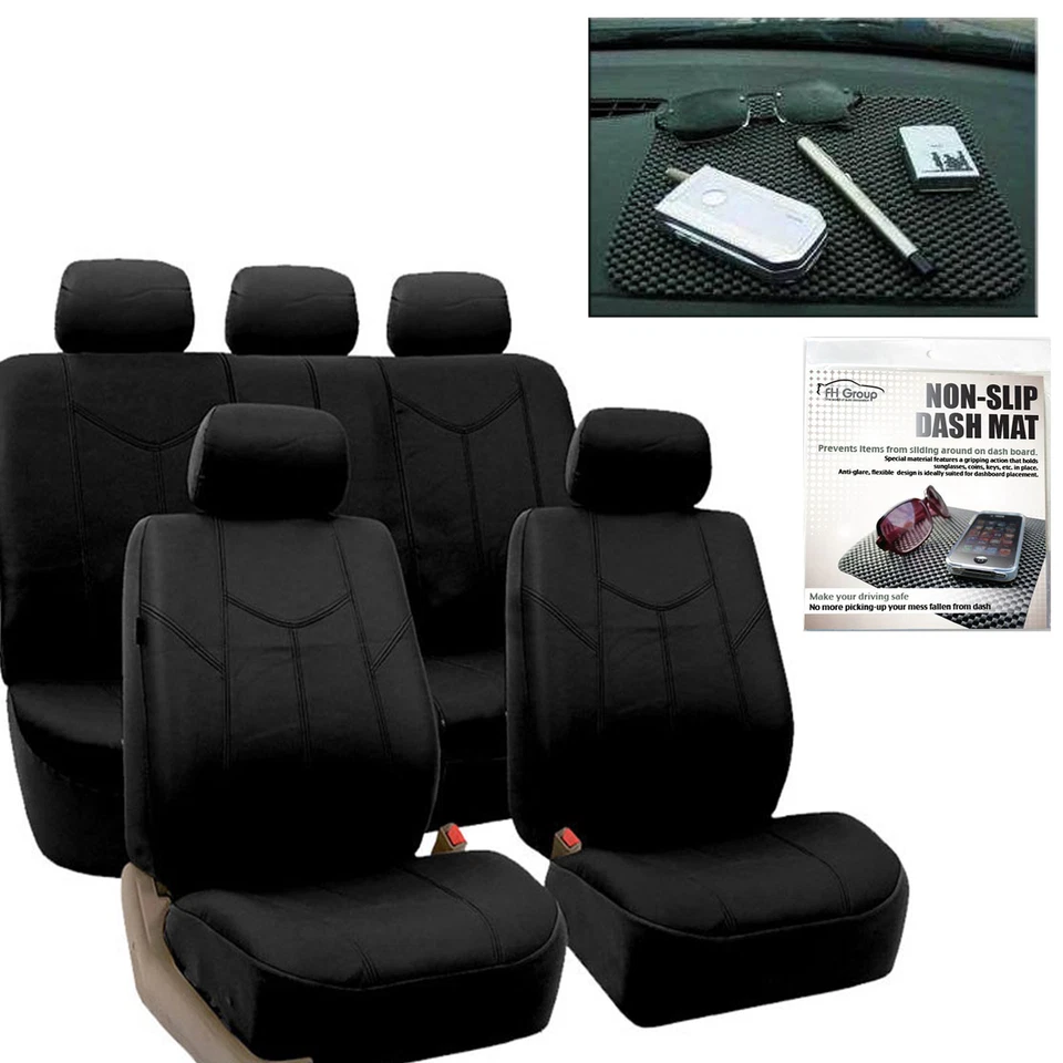 Conjunto de capas de assento de carro de couro ecológico qualidade superior preto presente grátis almofada de aderência para painel - Imagem 1 de 4