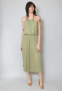70's Vintage Genny Slinky Green Halter Neck Leather Neckline Ladies Dress - Picture 1 of 7