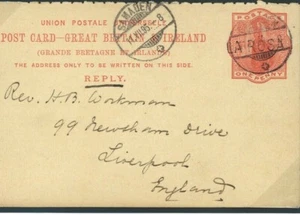 GB REPLY CARD USED SWITZERLAND *Arosa* EARLY SWISS VILLAGE CANCEL 1895 O115 - Picture 1 of 6