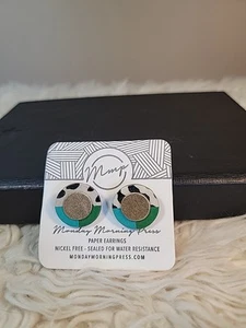 Monday Morning Press Earrings Cowhide, Gold, Green And Blue Studs Bright  - Picture 1 of 3