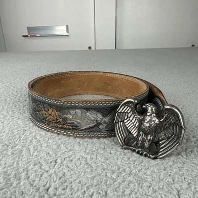 复古 Dixie 皮革西部鹰锡扣带男式 38 灰色工具美国制造 — 第 1/4 张图片