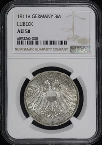 1911 A German States Lubeck Silver 3 Mark KM#215 NGC AU-58 - Picture 1 of 2