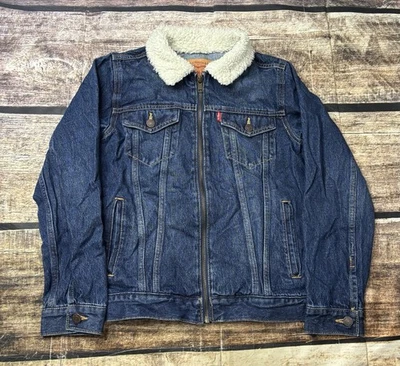Levis Jean Jacket Boys Medium Sherpa Lined Collar Denim Blue Cotton Full Zip - Image 1 of 4