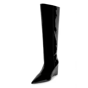Smash Shoes Lela Boots Womens Size 11W Patent Pointed Toe Wedge Knee High Zip - Picture 1 of 7