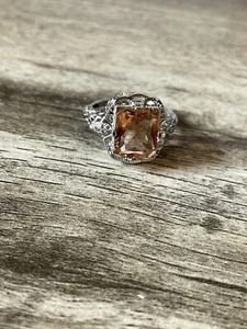 Silver Tone Ring Cocktail Costume Large Champagne Color Peach Stone Size 8 NEW - Picture 1 of 10