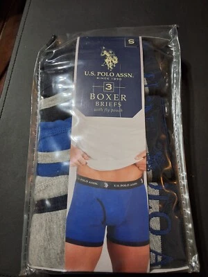 美国 Polo Assn 3 件装平角内裤 S 带 FLY POUCH、海军蓝、灰色新品 — 第 1/2 张图片