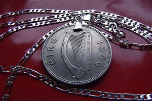 Lucky 1966 Antique Irish Harp & Fish Coin Pendant on a Silver Link Chain. - Picture 1 of 2