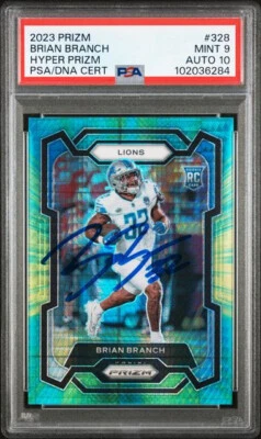 BRIAN BRANCH SIGNED 2023 HYPER PRIZM #328 Rookie PSA 9 AUTO 10 173/175 - Image 1 of 2