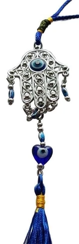 Hamsa Hand of Fatima Evil Eye Wall Hanging 12" Length Pewter & Blue Glass Decor Cover