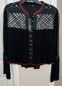 Gypsy 05 Global Village Women’s Black Embroidered Mirrors Blouse Tunic S NWT - Picture 1 of 11