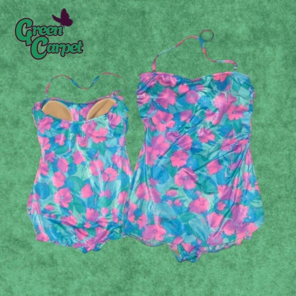 70s one piece purple, pink, and blue floral "dress" swimsuit size 16 made in usa - Image 1 of 3