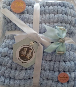 **new** Pale Blue Pom Pom Boys Blanket With Blue Bow Approx 18x18 Inches - Picture 1 of 2