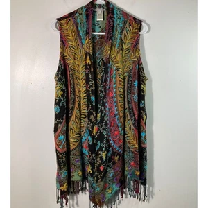 Offene Damenweste John Mark Blumen bestickt Fransen schwarz bunt Viskose - Bild 1 von 7