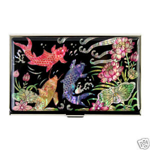 Mother of Pearl Metal Koi Fish Design Business Credit ID Card Money Holder Case 