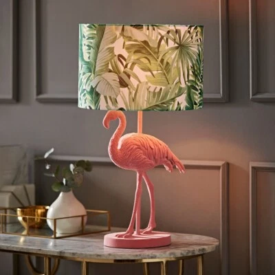 Pink Velvet Flamingo Table Lamp Tropical Palm Leaf Shade Animal Light LED Bulb - Image 1 of 4