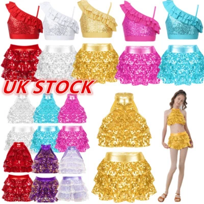 UK Big Girl Modern Jazz Dance Set Sequins Crop Top with Skirts Ballet  Dancewear - Image 1 of 4