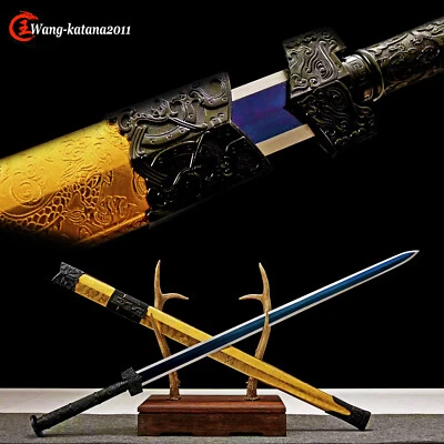 Dragón Dorado Dinastía Han China Jian Azul 1095 Acero al Carbono Doble Filo Espada Foto 1 de 4