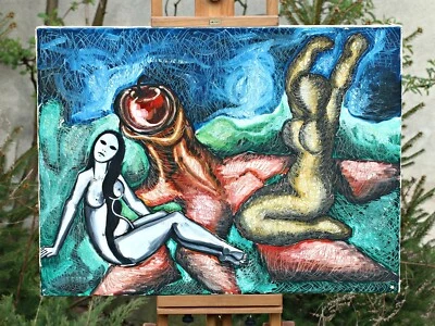 Surreal Erotic Female Nudes With Apple – Bold Modern Fantasy Oil Painting - Image 1 of 4