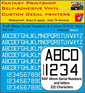 RC Vinyl Aufkleber Sticker RAF BUCHSTABEN ZAHLEN 40mm VORGESCHNITTEN FPRC902 WEISS MATT - Bild 1 von 3