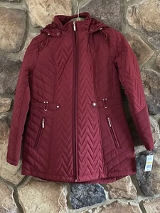 NWT Women's GALLERY NEW YORK Burgundy Red QUILTED COAT Hooded SMALL Ret $130 - Picture 1 of 7