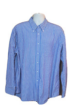 Bergamo New York Dress Shirt Men's XL Blue White Red Pinstripes Long Sleeves