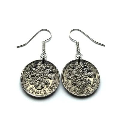 UK 6 Pence coin earrings wedding bride Tudor rose thistle shamrock London 000011 - Image 1 of 4