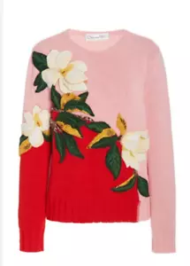 Maglione donna Oscar De La Renta ricamato magnolia $ 2490 taglia XS abbigliamento artistico - Foto 1 di 6