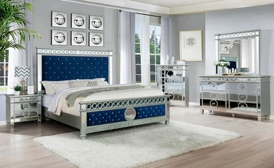 NEW Modern 5PC Blue Velvet Mirrored Queen King Bedroom Set Furniture B/D/M/N/C - Image 1 of 4