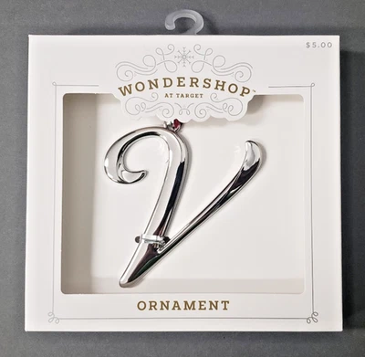 Monograma Letra Cursiva Inicial V Adorno de Navidad Tono Plateado Metal OBJETIVO Foto 1 de 4