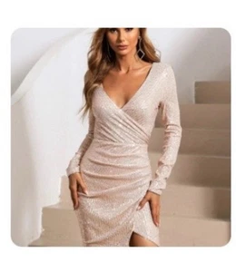 Miss Ord Surplice Neck Wrap Hem Apricot Mini Sequins Dress  NWT - Picture 1 of 5