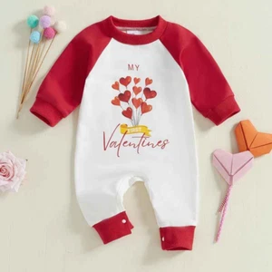 Newborn Valentine’s Day Jumpsuit Long Sleeve Crew Neck Heart Print Fall Romper - Picture 1 of 7