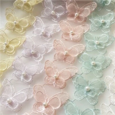 Beaded Butterfly Embroidery Lace Trim Organza Ribbon Edge Patch for DIY Sewing - Image 1 of 4